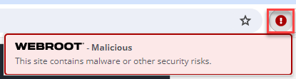 Red message and icon indicating that the website is malicious