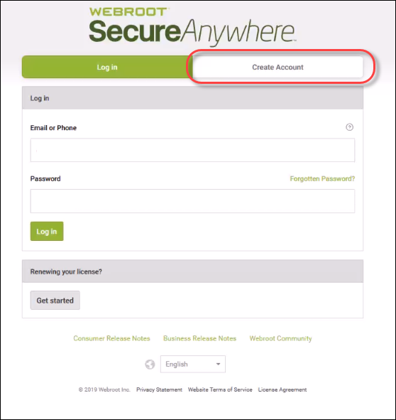 webroot create account